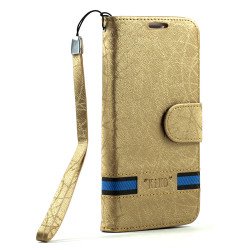 Samsung Galaxy S5 SM-G900 Cloth Flip Leather Wallet TPU Case with Stand (Gold)